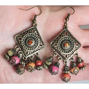 Boho Vintage Bronze Filigree Chandelier Earrings Colorful Bead Tribal Dangle